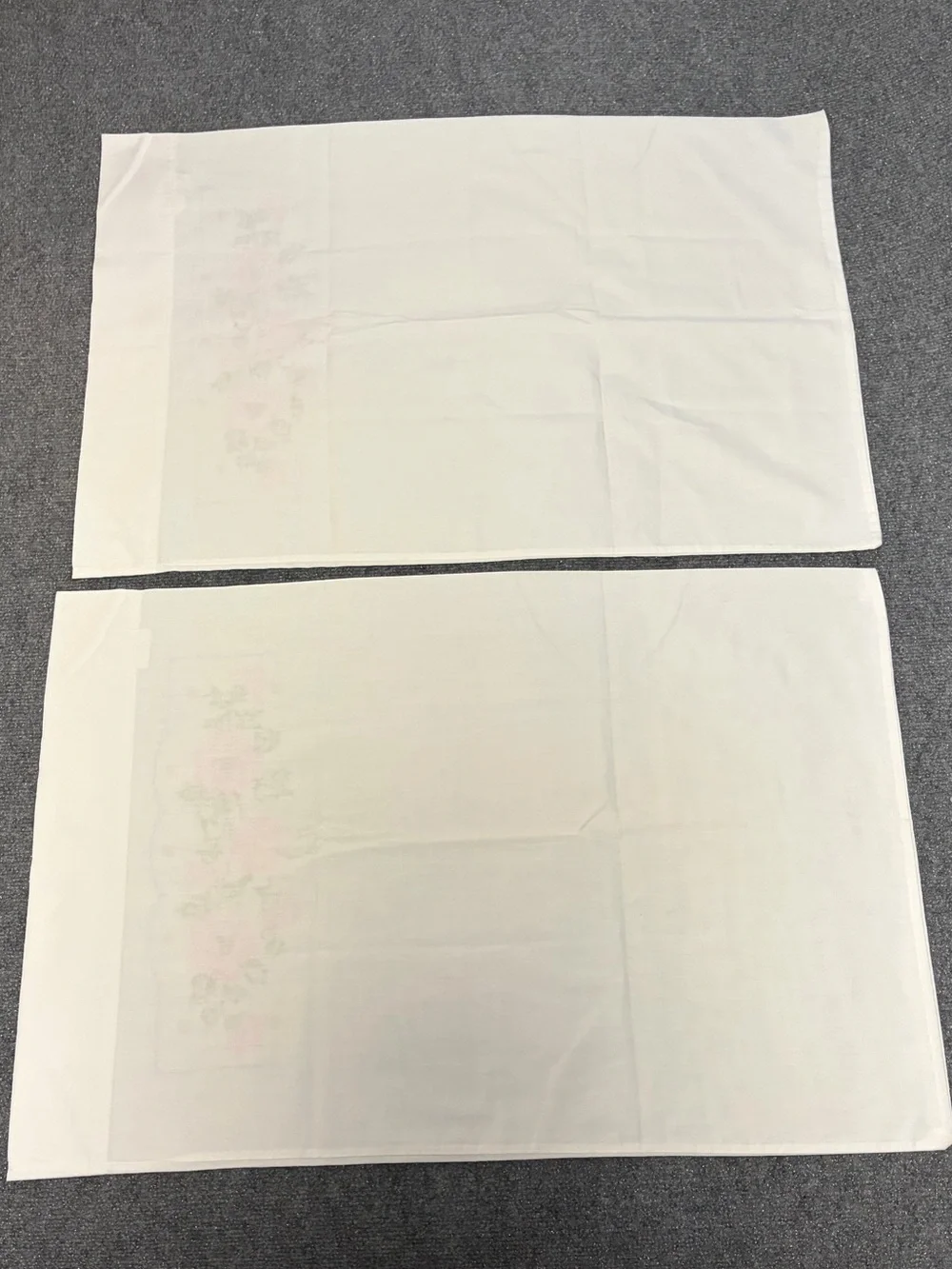 Vintage Hand Embroidered Needlepoint Pillowcases Pink Floral Pair Standard Size